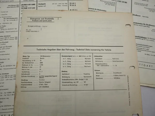 10x Original Bosch Service-Liste für VW Karmann Ghia 1955–1971