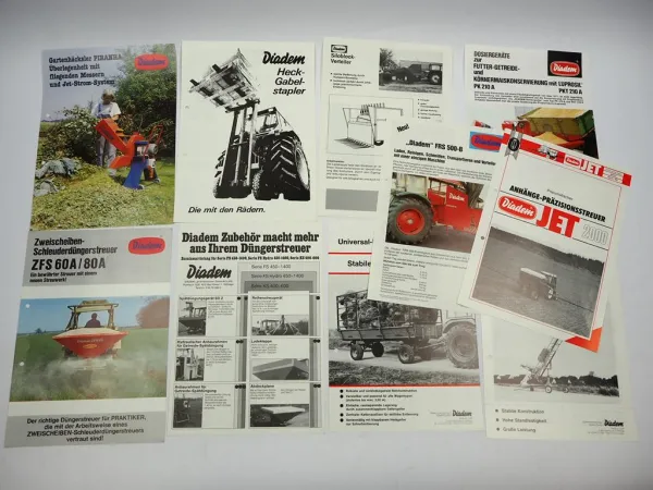 10x Original Prospekt Diadem Landtechnik 1970/80er J. Düngerstreuer Ballenlift