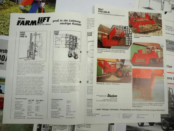 10x Original Prospekt Diadem Landtechnik 1970/80er J. Düngerstreuer Ballenlift