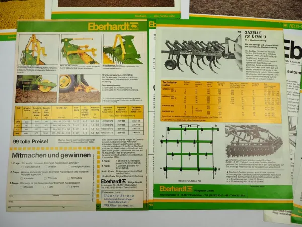 10x Original Prospekt Eberhardt Pflugfabrik Landtechnik Egge Pflug Walzen 1980er