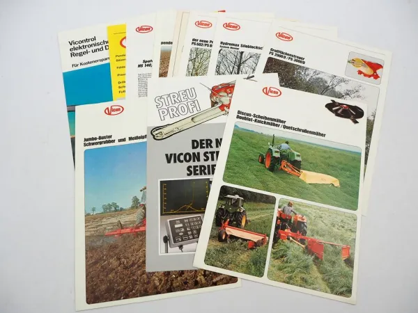 11x Original Prospekt Vicon Landtechnik Düngerstreuer Mähwerke 1970/80er Jahre