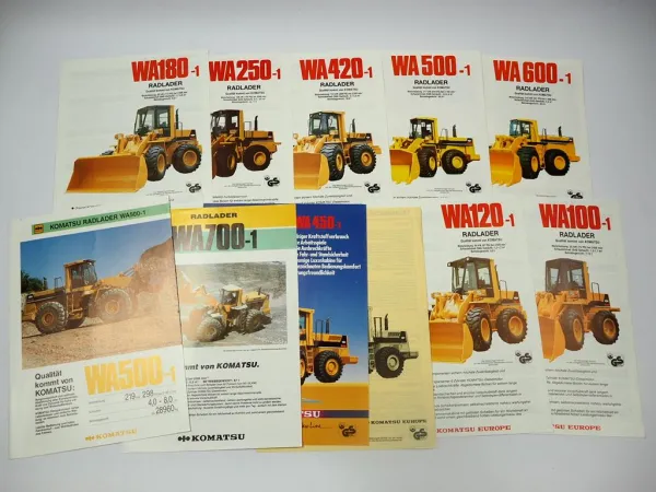 11x Prospekt Komatsu WA Radlader mit technischen Daten1980/90er Jahre
