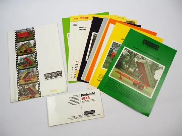 11x Prospekt Mappe Preisliste Bruns Landtechnik Anhänger Ackerwagen ca. 1978