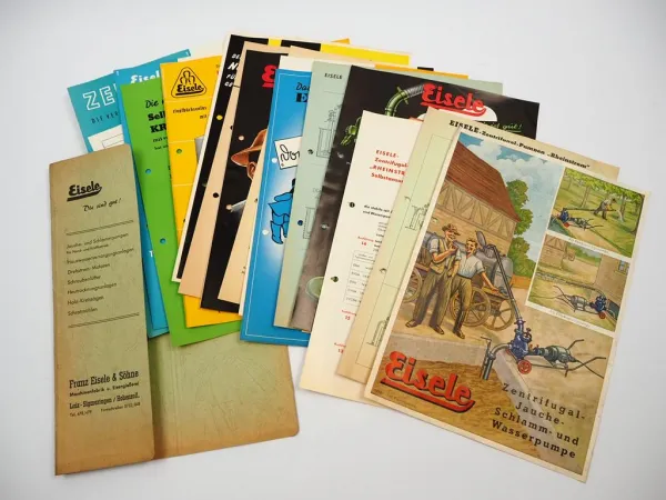 12x Original Prospekt Preisliste Mappe Eisele Landtechnik Pumpen 1950er Jahre