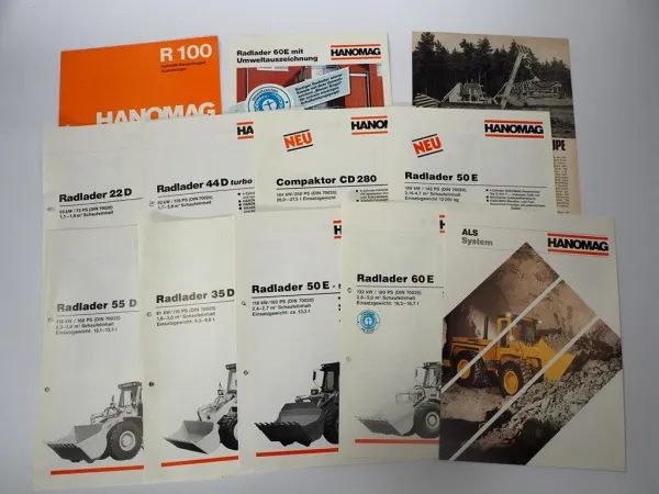 12x Prospekt Hanomag Radlader Raupenbagger Compaktor 1970/80er Jahre