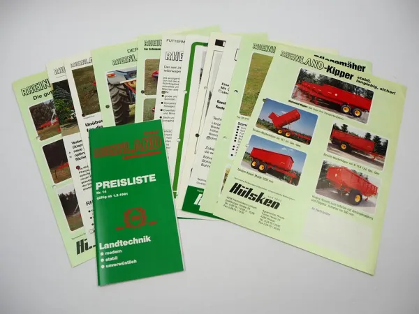 12x Prospekt Preisliste Rheinland Landtechnik Anbaugeräte für Schlepper 1990er