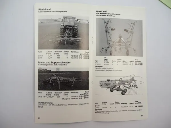 12x Prospekt Preisliste Rheinland Landtechnik Anbaugeräte für Schlepper 1990er