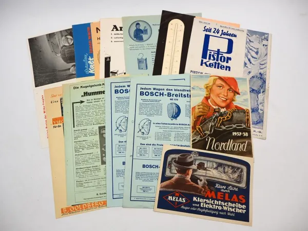 13x Original Prospekt Autozubehör 1930er Jahre Elektrik Heizung Ketten