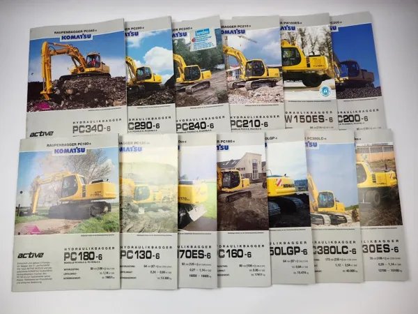 13x Prospekt Komatsu PW PC Mobilbagger Raupenbagger 1990/2000er Jahre