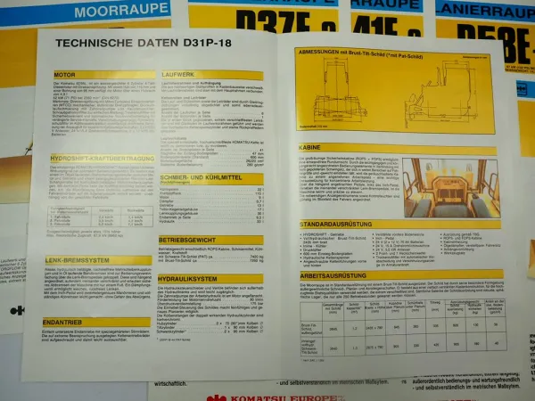 15x Prospekt Komatsu Laderaupe Planierraupe Moorraupe 1980/90er Jahre