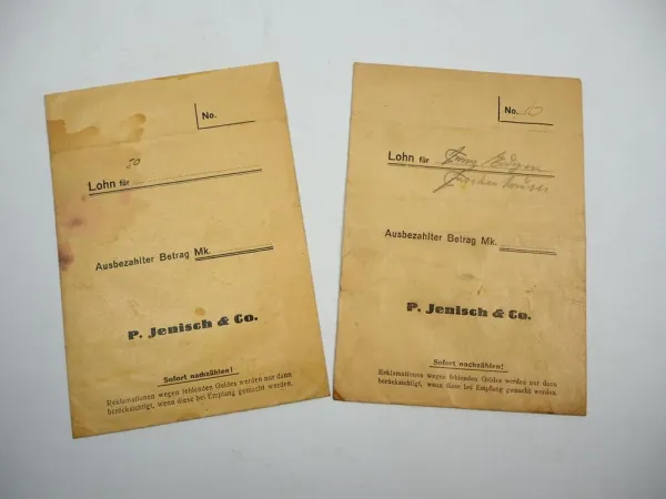 2 alte Lohntüten P. Jenisch & Co. Strickwaren Nürtingen Stuttgart ca. 1920/30
