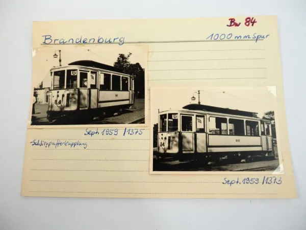 2 Fotos alte Straßenbahn Bahnwagen BW84 in Brandenburg 1959