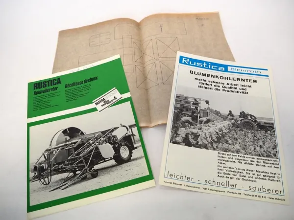 2 Original Prospekte Brochure Rustica Bleinroth Blumenkohlernter 09/1974