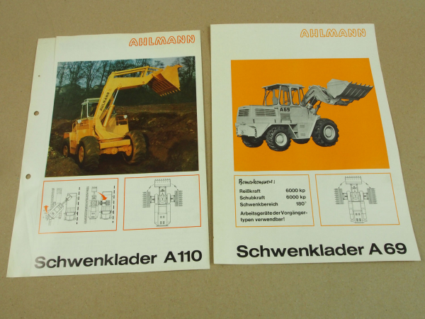 2 Prospekte Ahlmann A110 und A69 Schwenklader 1971