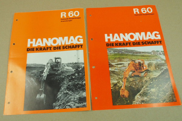2 Prospekte Hanomag R60 Hydraulik Raupenbagger und Ausrüstungen 1970