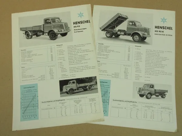 2 Prospekte Henschel & Sohn HS95K 3-Seiten-Kipper HS95 Pritsche von 1959