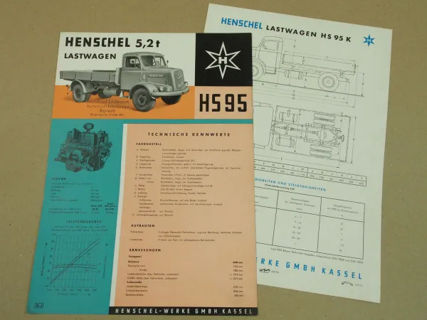 2 Prospekte Henschel & Sohn HS95K HS95 Lastwagen LKW 5,2t von 1958