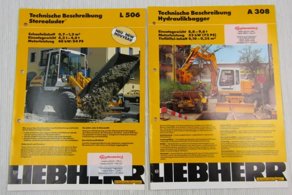 2 Prospekte Liebherr A308 Hydraulikbagger L506 Stereolader Techn Beschreibung