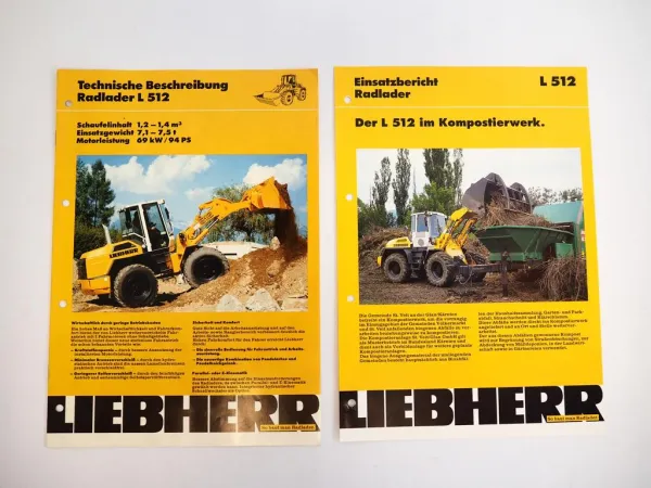 2 Prospekte Liebherr L512 Radlader Technische Beschreibung + Einsatz 1992/94