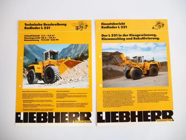 2 Prospekte Liebherr L551 Radlader Technische Beschreibung + Einsatz 1992 Label