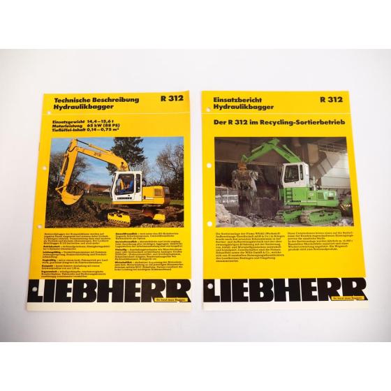 2 Prospekte Liebherr R312 Hydraulikbagger Techn. Beschreibung + Einsatz 1995/96