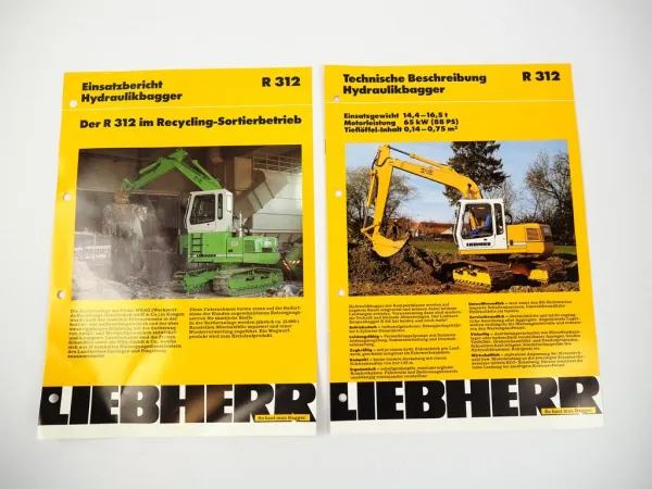 2 Prospekte Liebherr R312 Hydraulikbagger Techn. Beschreibung + Einsatz 1997/96