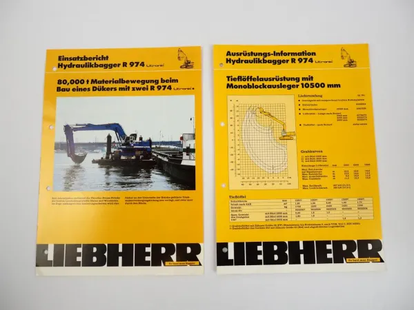 2 Prospekte Liebherr R974 Litronic Hydraulikbagger Einsatzbericht + Ausrüstung