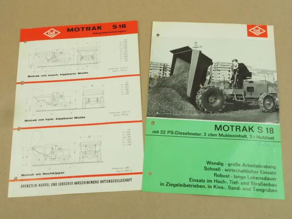2 Prospekte O&K Motrak S18 mit 22 PS Dieselmotor 1964 technische Daten