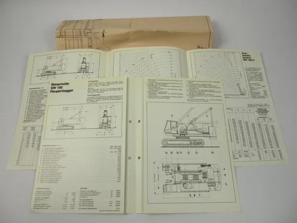 2 Prospekte Weserhütte SW190 Raupenbagger Raupenkran + techn. Zeichnung 1980