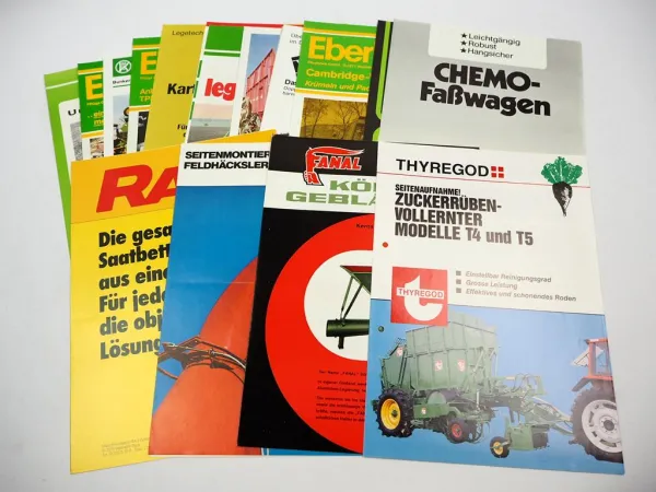 20x Original Prospekt Landtechnik 1970/80er Jahre z.B. Thyregod Rau Hassia PZ