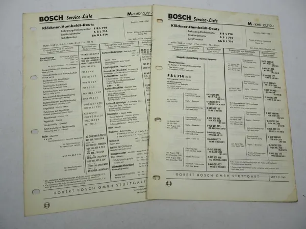 2x Original Bosch Service Liste für Deutz Motor F8L A8L SA8L 714 BJ 1958-1963