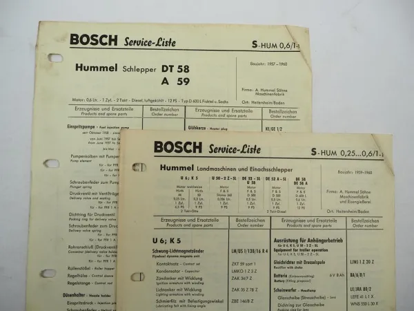 2x Original Bosch Service-Liste für Hummel Schlepper BJ 1957-1960 DT58 A59 U6 K5
