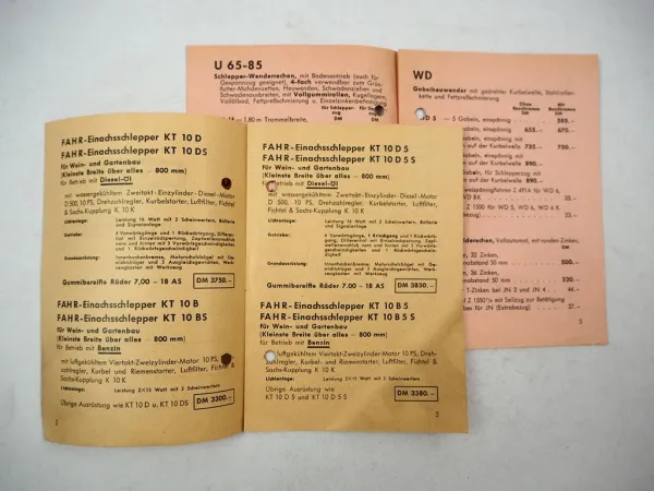 2x Original Preisliste Fahr Einachsschlepper KT10 Erntemaschinen 1956/57