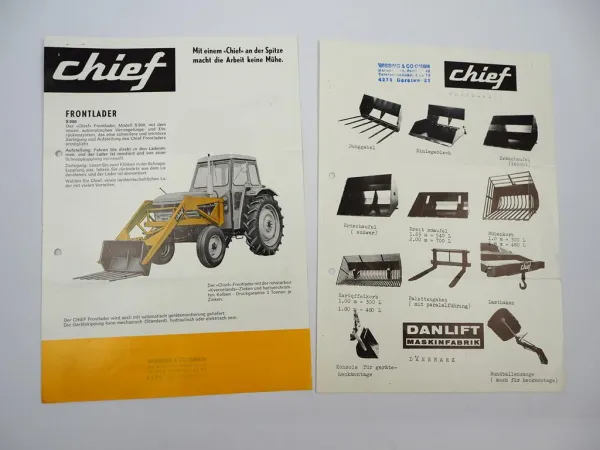 2x Original Prospekt Chief Frontlader Typ S900 & Zubehör am Leyland Traktor