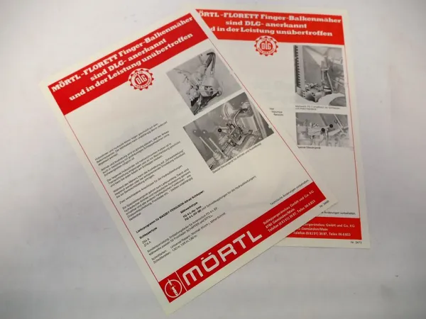 2x Original Prospekt Mörtl Mähwerk Florett an Massey Ferguson MF 245 254