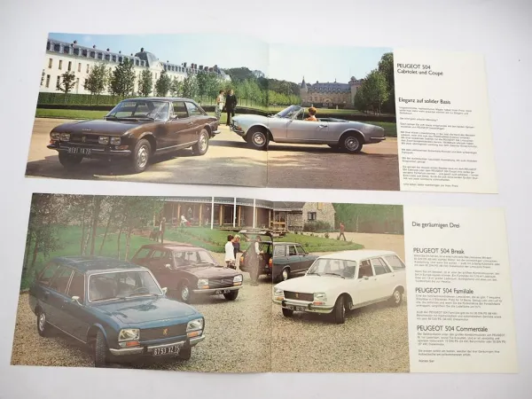 2x Original Prospekt Peugeot 504 Limousine Break Commerciale Cabrio Coupe 1973