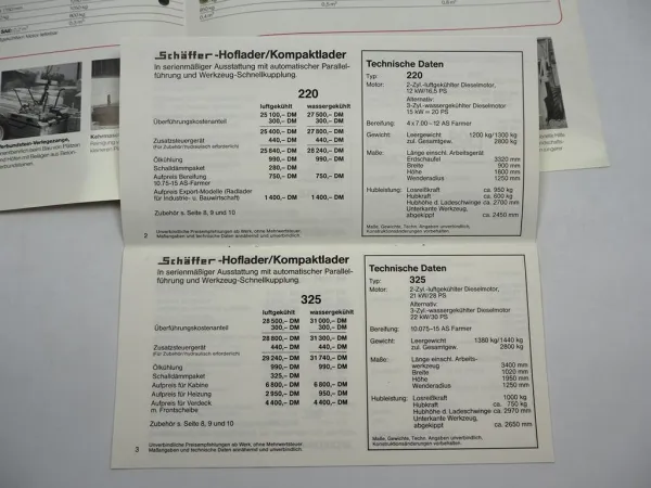 2x Original Prospekt Preisliste Schäffer 210 bis 860 Hoflader Radlader 1990