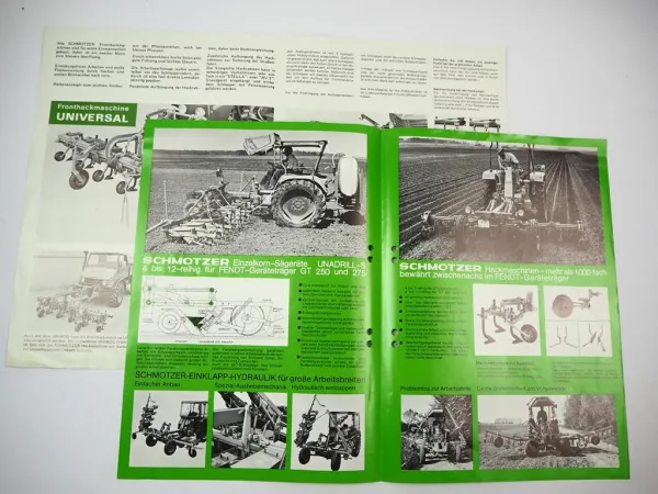 2x Original Prospekt Schmotzer Anbaugeräte für MF IHC Fendt Geräteträger 1970er