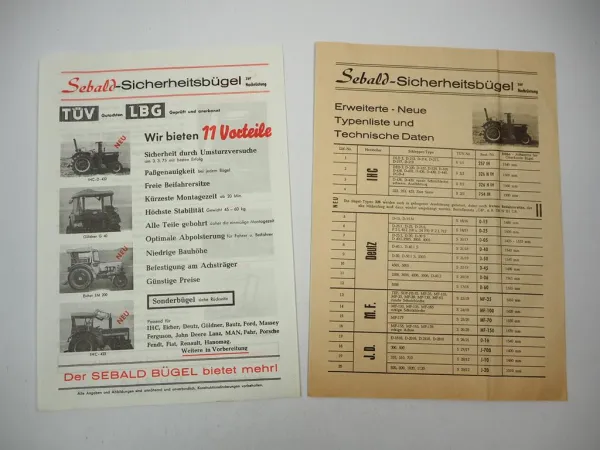 2x Original Prospekt Sebald Sicherheitsbügel am IHC Güldner Eicher Schlepper