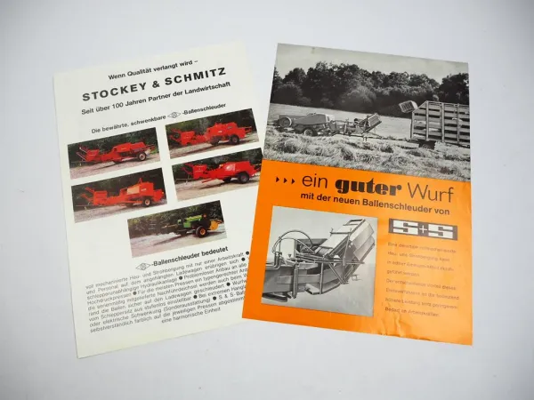 2x Original Prospekt Stockey & Schmitz S&S Ballenschleuder für Aufsammelpresse
