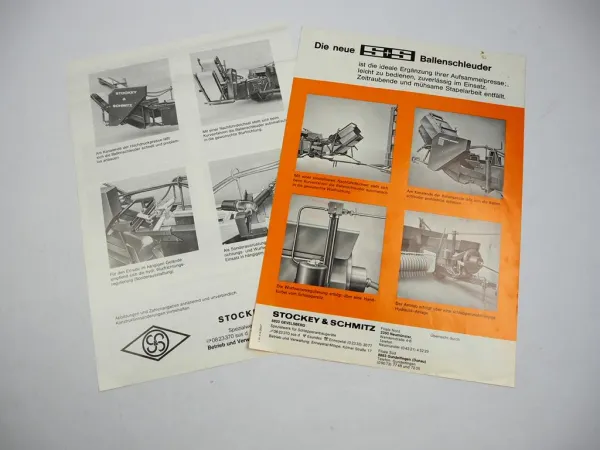 2x Original Prospekt Stockey & Schmitz S&S Ballenschleuder für Aufsammelpresse