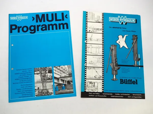 2x Original Prospekt Weber Hydraulik Hebezeug Muli Büffel 1970/80er Jahre