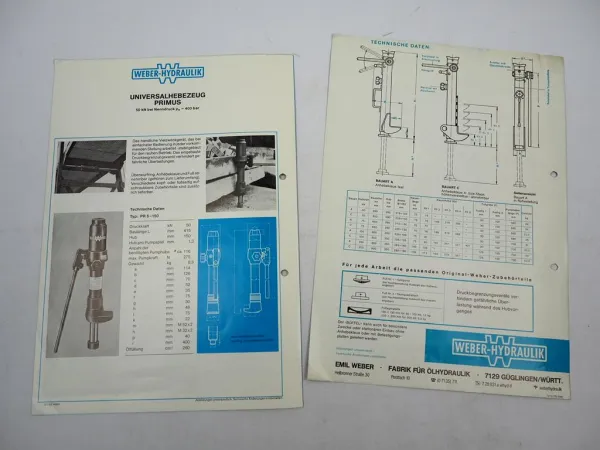 2x Original Prospekt Weber Hydraulik Hebezeug Muli Büffel 1970/80er Jahre
