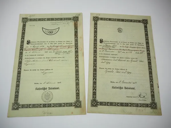 2x Patent Urkunde Macholl Cognac München Kaiserliches Patentamt 1894/1896