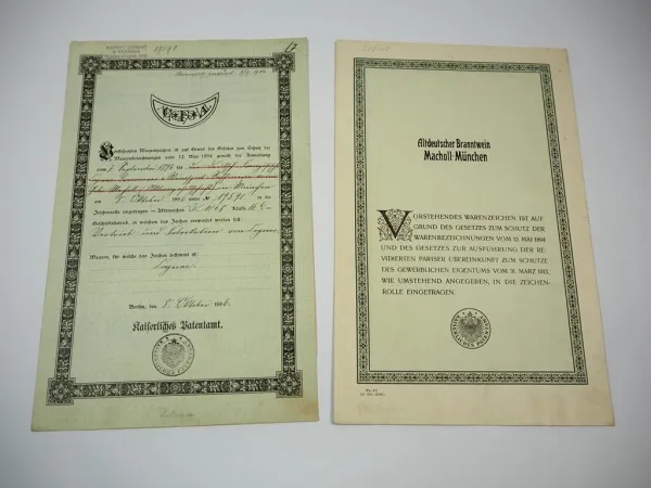 2x Patent Urkunde Macholl Cognac München Kaiserliches Patentamt 1896/1920