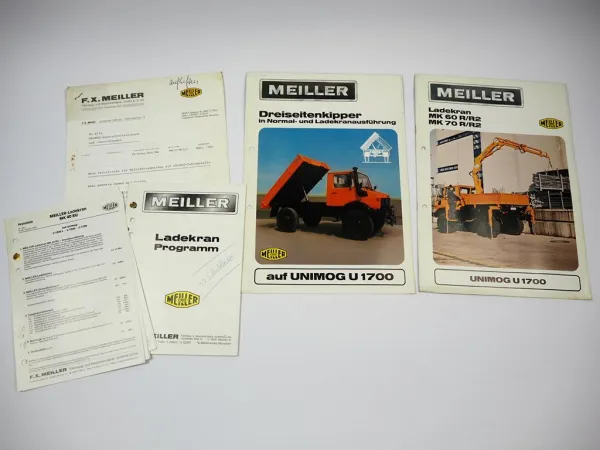 2x Prospekt Meiller MK 60 70 Ladekran Kipper auf Unimog U1700 + Produktprogramm