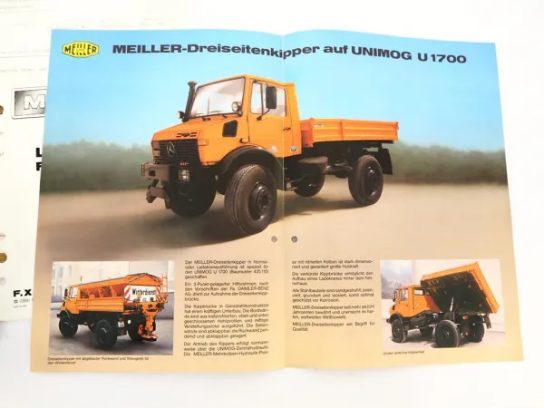 2x Prospekt Meiller MK 60 70 Ladekran Kipper auf Unimog U1700 + Produktprogramm