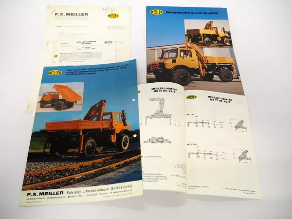 2x Prospekt Meiller MK 60 70 Ladekran Kipper auf Unimog U1700 + Produktprogramm