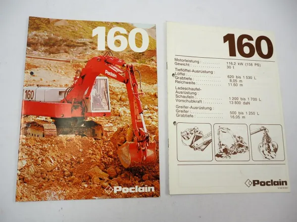 2x Prospekt Poclain 160 Raupenbagger Technische Daten 1980er Jahre