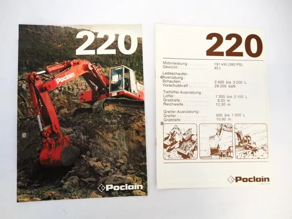 2x Prospekt Poclain 220 Raupenbagger Technische Daten 1980er Jahre